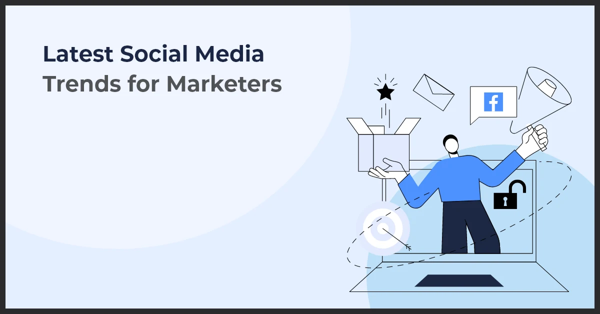 a man holding a box and megaphone with some social media icon representing latest social media trends for marketers
