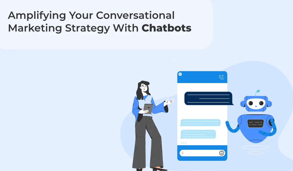 a woman standing next to a chatbot