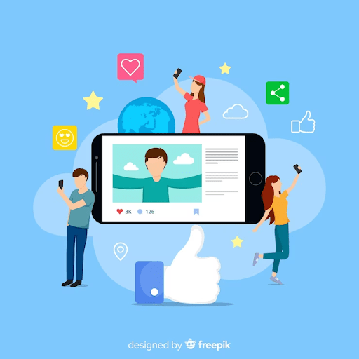 Social media concept with people and thumbs up icons.