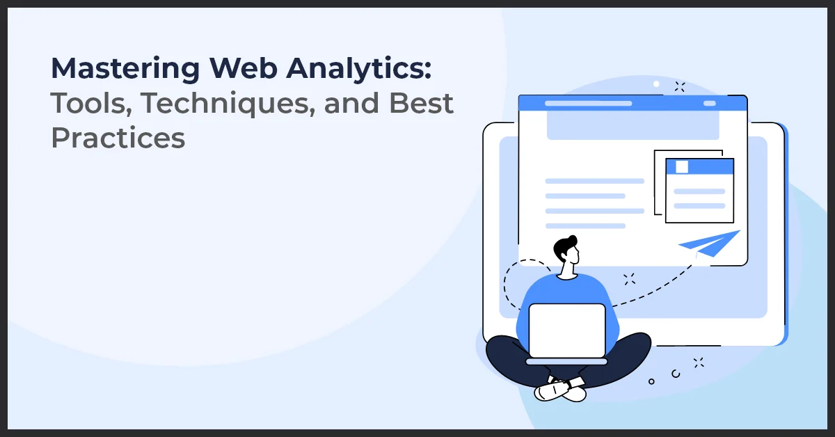 Sketch image a man sitting in front of a laptop .This image is representing Web Analytics: Tools, Techniques, and Best Practices