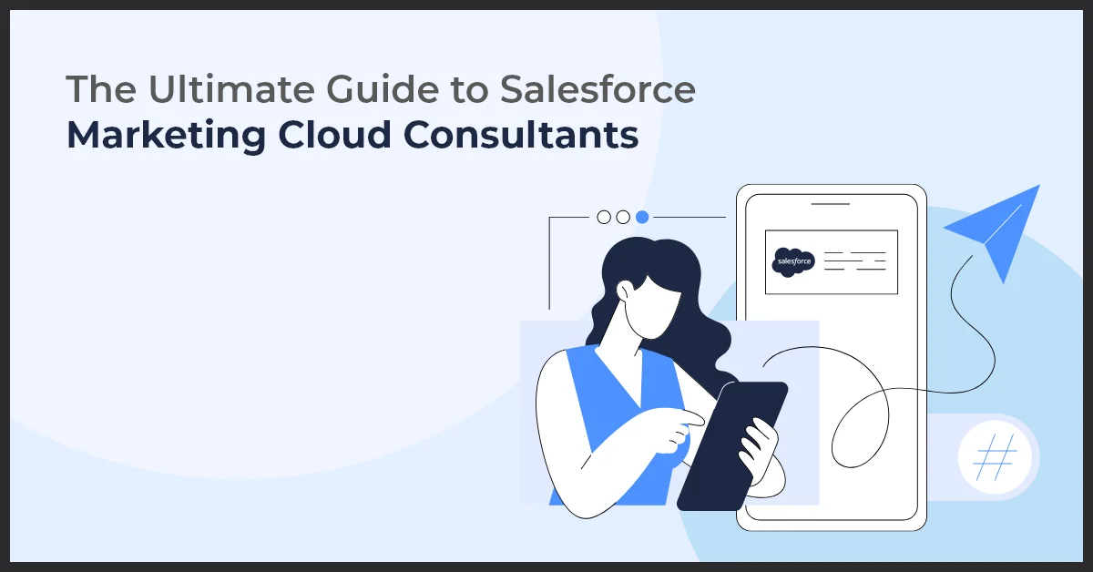sketch image of a woman standing next to a large cellphone using tablet representing Salesforce Marketing Cloud Consultants