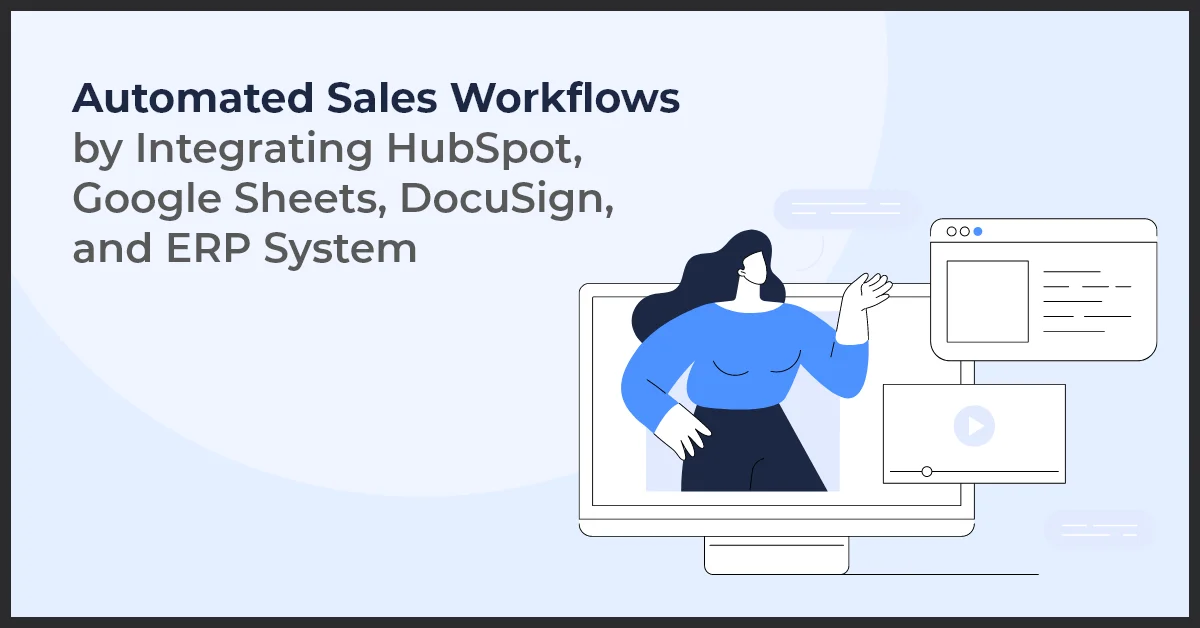 A woman in fornt of large desk top screen representing automated sales workflows by integrating HubSpot.