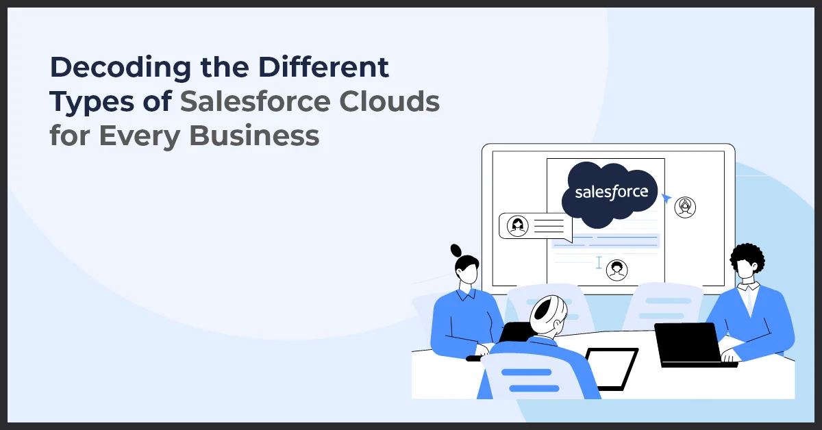 A group of people sitting around a desk representing different types of Salesforce Clouds