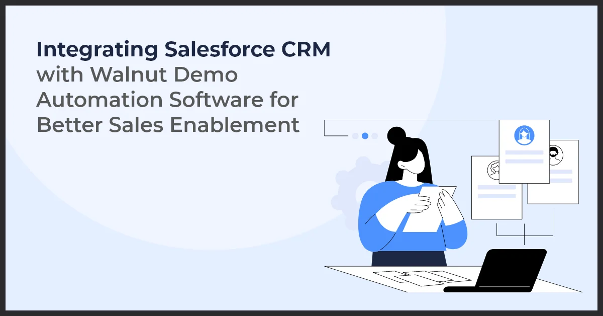 A woman stands in front of a laptop holding a paper in her hand. Representing integrating salesforce crm with walnut demo automation software