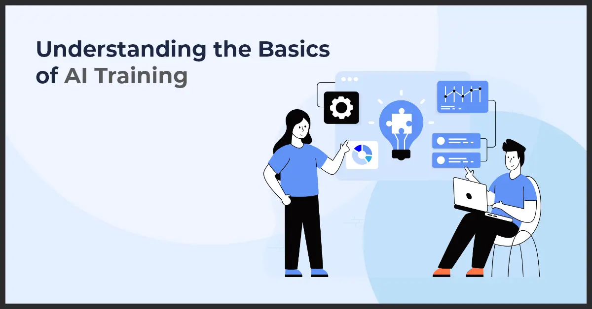 Illustration of two people discussing AI training concepts, featuring icons for settings, light bulb, graphs, and data on the right, with text "Understanding the Basics of AI Training" on the left.