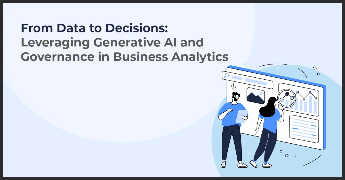 a man and woman standing next to a white board represent Generative AI and Governance in Business Analytics