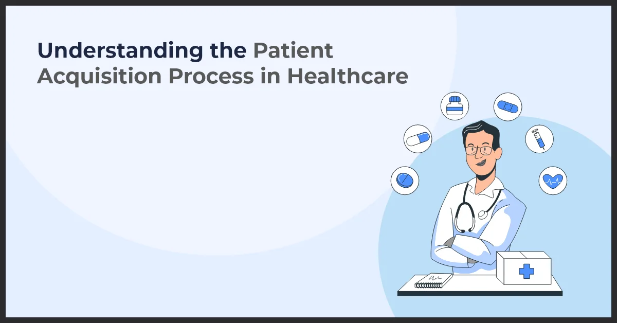 Illustration depicting a healthcare presentation: A person in medical attire is surrounded by various healthcare icons, symbolizing patient engagement and acquisition processes.