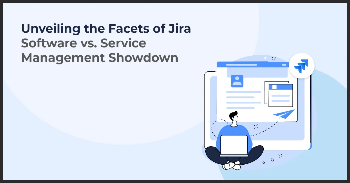 A man sitting with a laptop in front of a large laptop screen. The text about Jira Software vs. Service Management