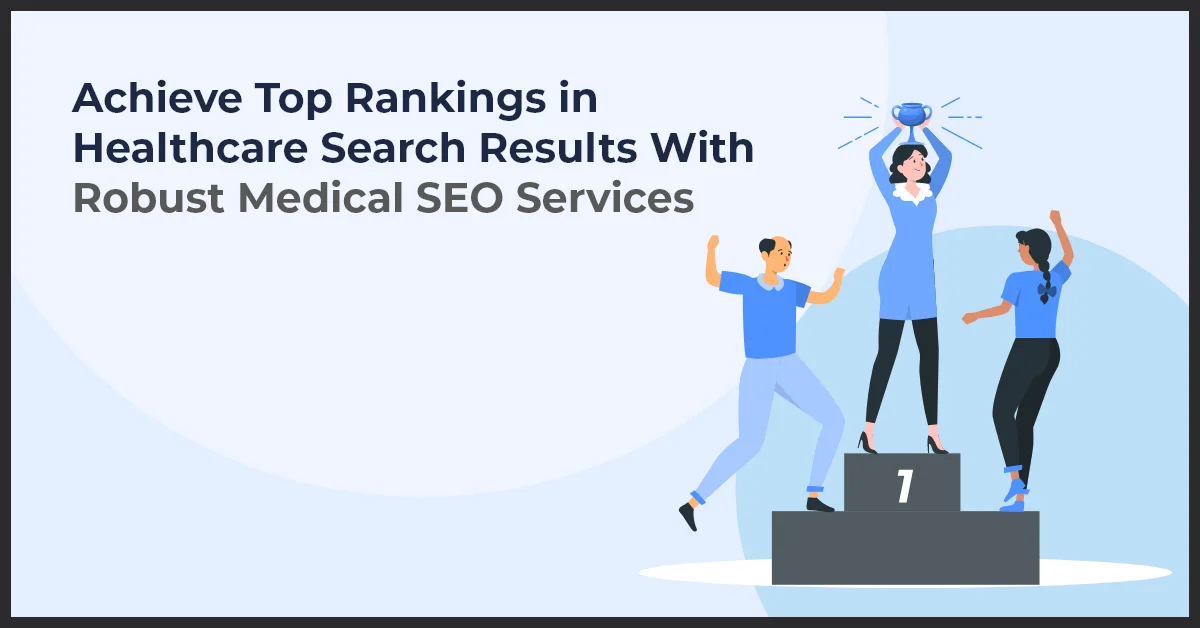 Illustration of three people on a podium celebrating SEO success in healthcare representing Medical SEO Services.