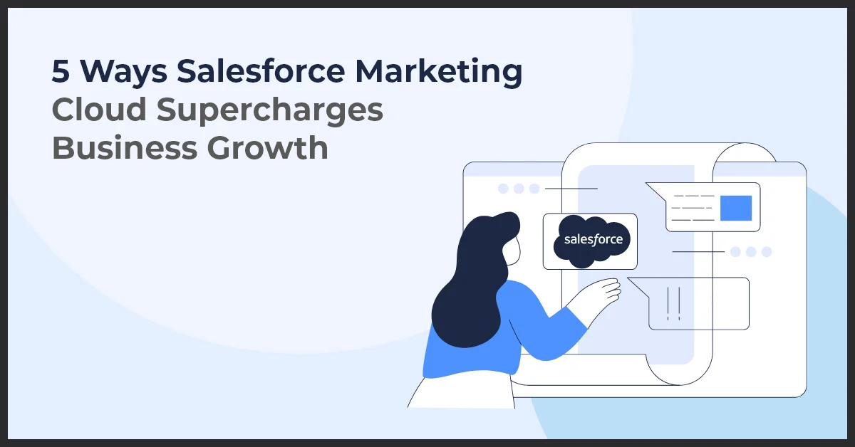 Illustration of a person interacting with digital elements, alongside text promoting Salesforce Marketing Cloud Supercharges for business growth.