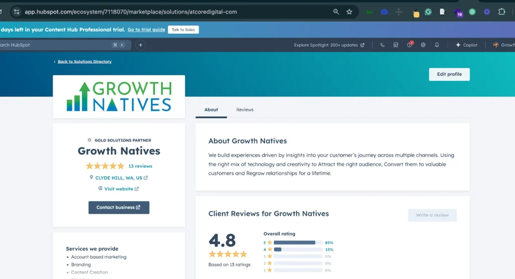 Screenshot of Growth Natives HubSpot's profile 