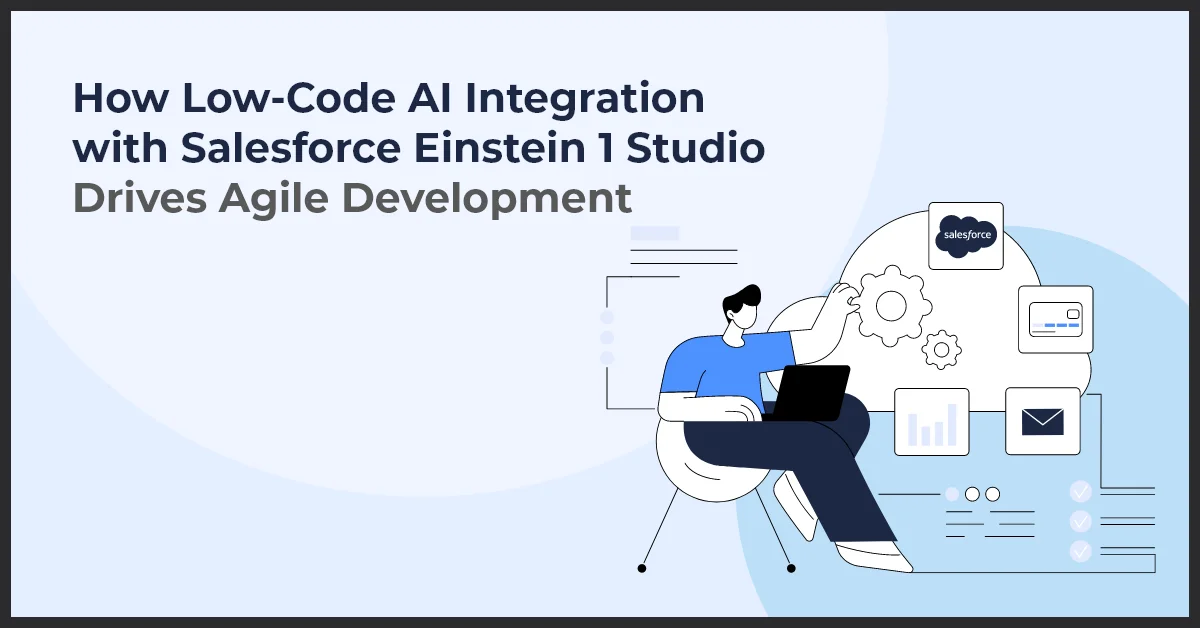 An illustration of a person using a laptop with graphics indicating Salesforce Einstein AI integration and agile development.