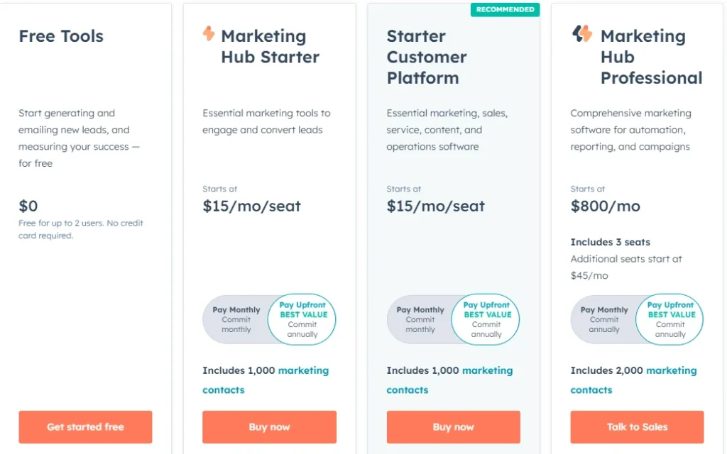 Screenshot of HubSpot pricing