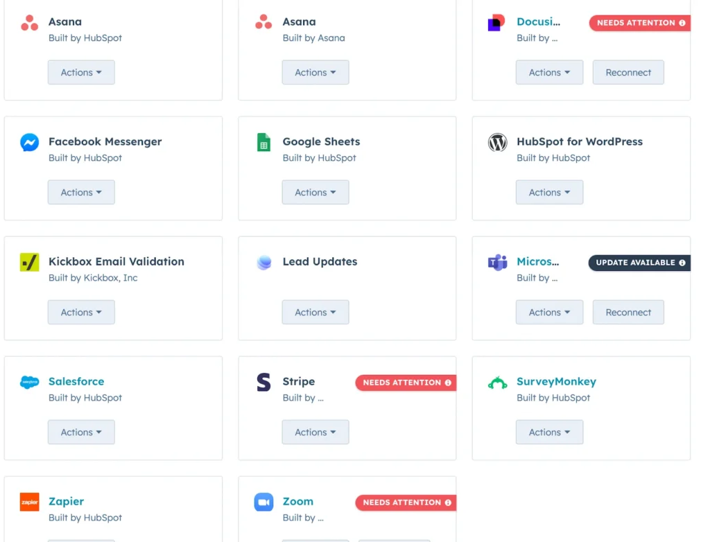 Screenshot of HubSpot’s Zero-code integrations to connect Webinar, Ads, and Social media platforms