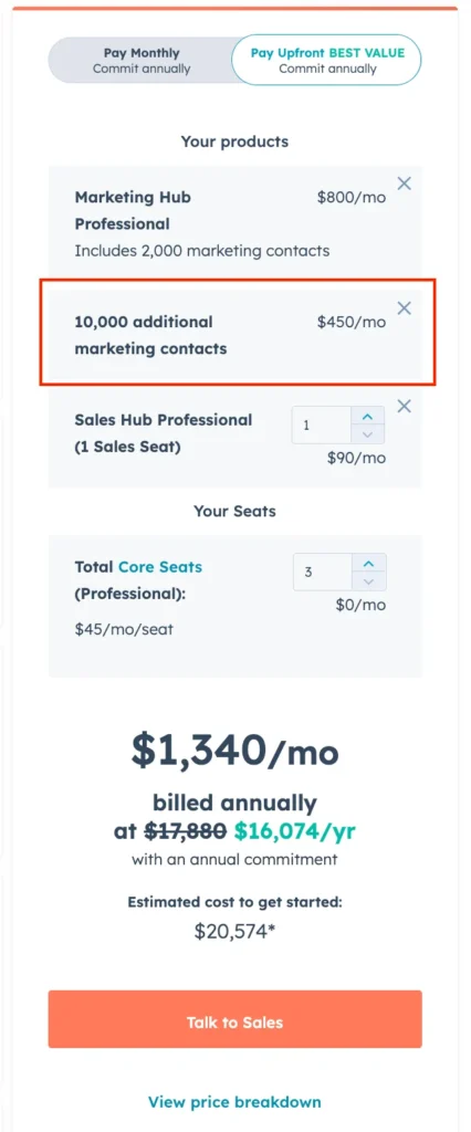 Screenshot of HubSpot’s pricing model (Pricing with additional 10k contacts)