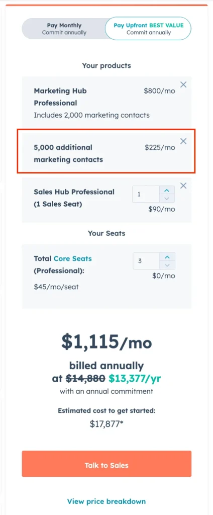 HubSpot’s pricing model Contact Lists (Pricing with additional 5k contacts)           