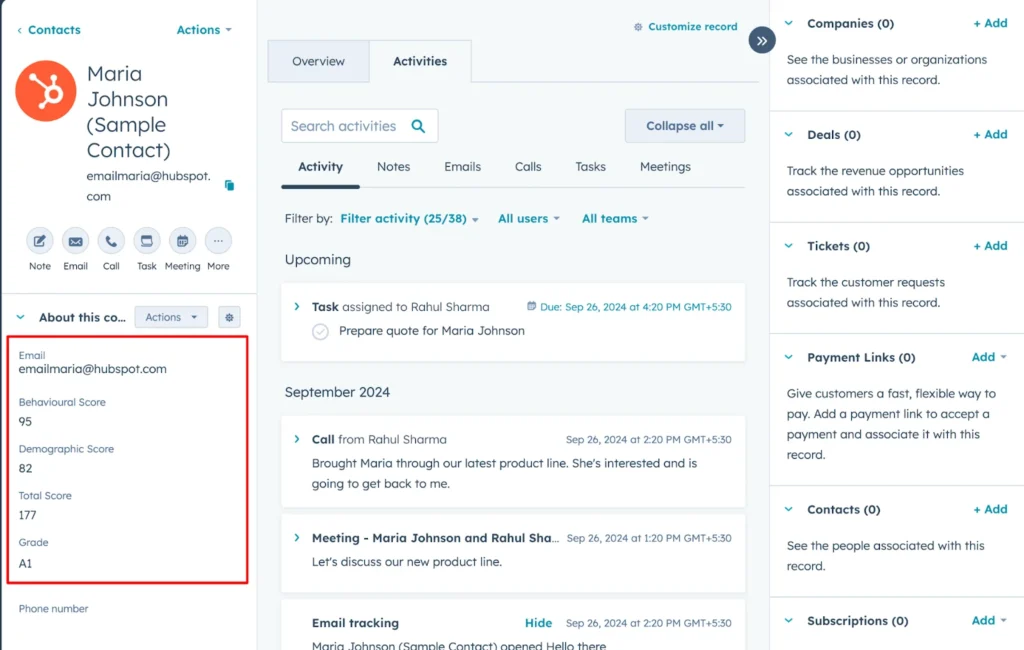 Lead Scoring Details on Contact Info Page