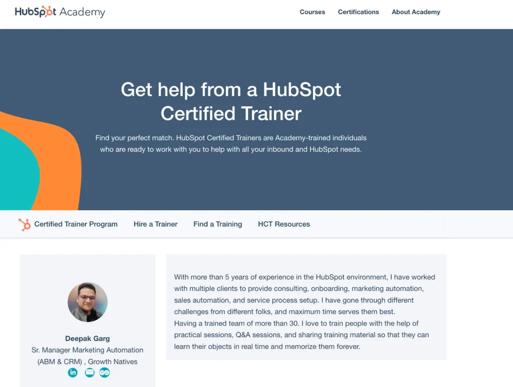 Screenshot of meeting booking with HubSpot certified trainer