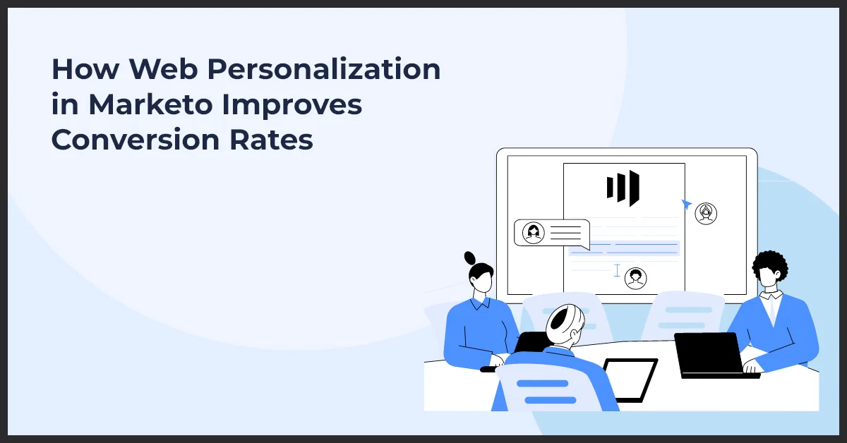 Illustration of three people discussing web personalization with a computer screen showing graphs.