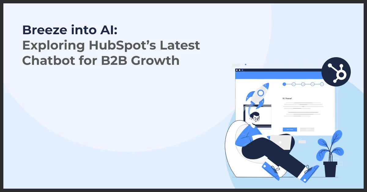 Graphic banner with text about HubSpot's AI chatbot, featuring an illustration of a person using a laptop.