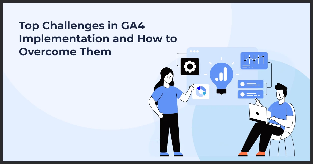 Illustration of GA4 implementation with figures interacting with analytical icons.