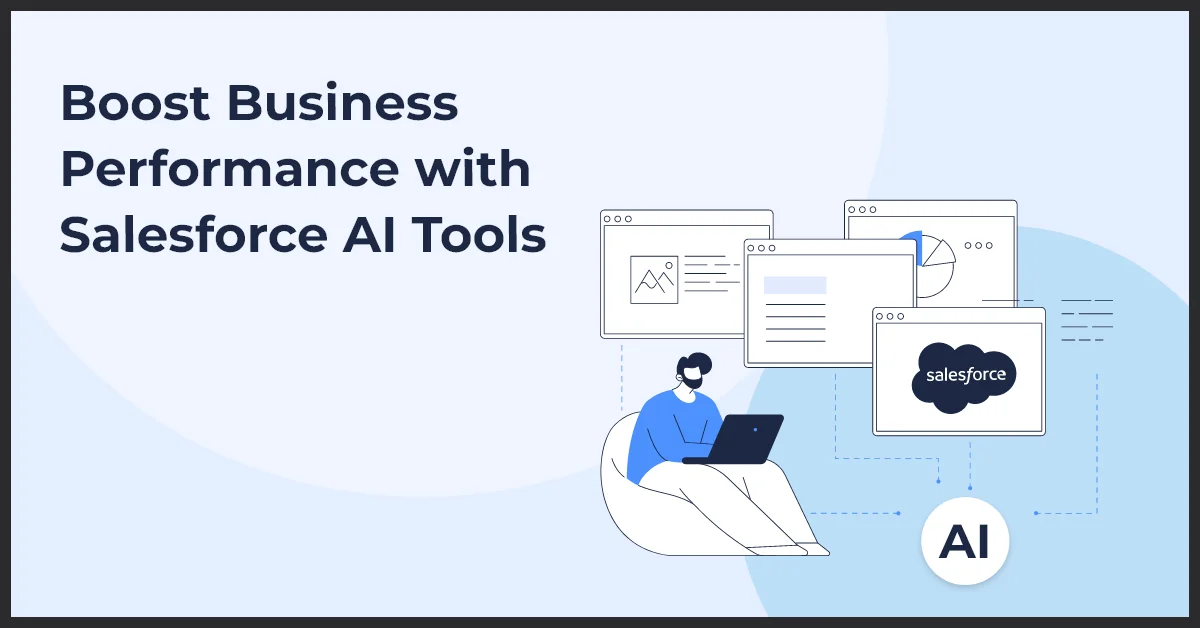 Person using a laptop surrounded by screens displaying data and the Salesforce logo, with text promoting Salesforce AI tools for business performance.