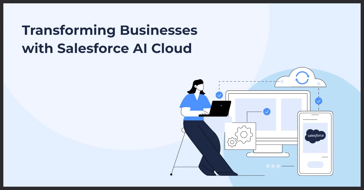 Illustration of a person working on a laptop, representing business transformation with Salesforce AI Cloud, featuring cloud and tech elements.