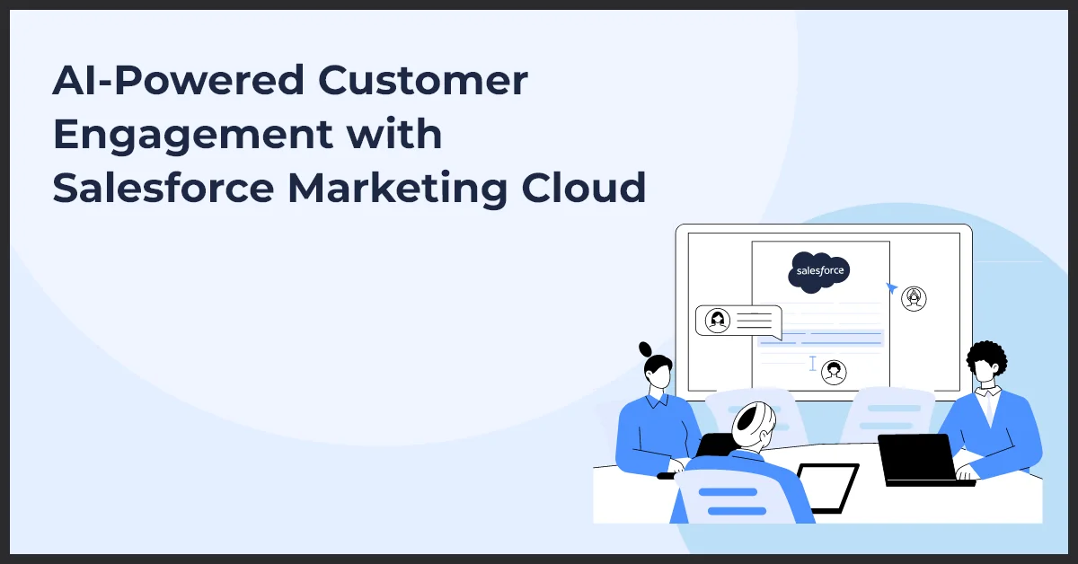 Illustration of three people at a table using Salesforce Marketing Cloud for AI-powered customer engagement.