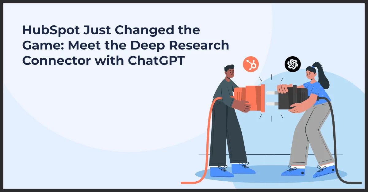 A vibrant illustration of two people connecting devices, symbolizing the Deep Research Connector with ChatGPT and HubSpot.