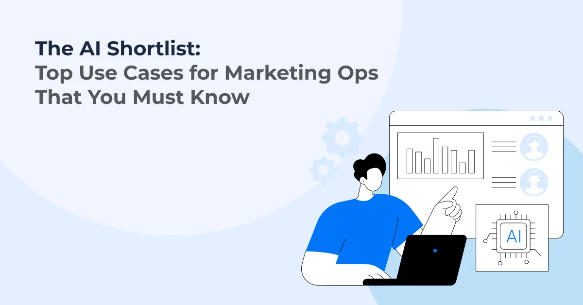 An illustration of a person analyzing data on a laptop, highlighting AI use cases for marketing operations. Title text above reads: 